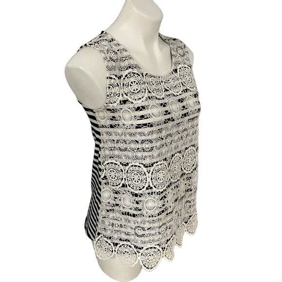 C Oliver Top Women Medium Lace Overlay Blue Stripe Tank Boho Nautical Officecore - Picture 4 of 13